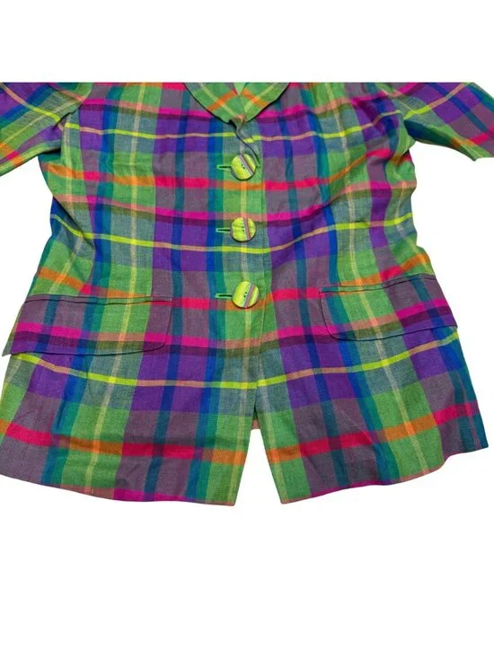 Vintage Max Mara Women's 100% Linen SS Multicolor Plaid Button Jacket, Size M - Picture 4 of 8